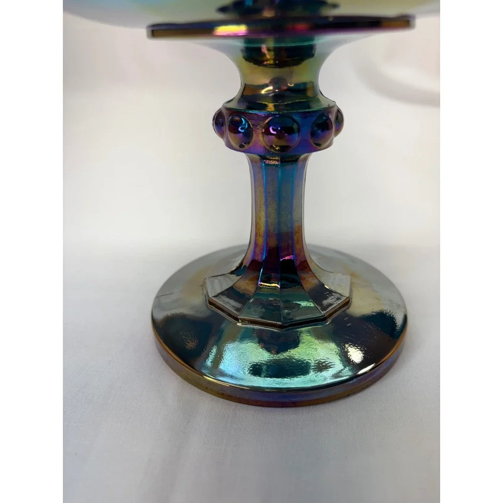 Vtg Iridescent Blue Carnival Glass Compote Scalloped Pedestal Candy Dish 7.25